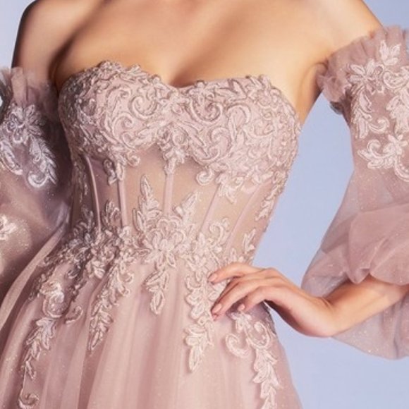 Structured Satin Gown with Beaded Sweetheart Corset Dusty Rose